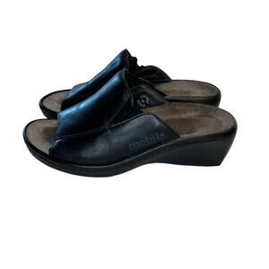 Mobils Women's Black Leather Mephisto Open Toe Mule Shoes Wedge Heel Size 37